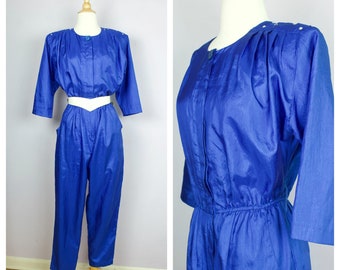 Vintage 1980's Blue Nylon Rhinestone Shoulder 3/4 Sleeve Jumpsuit S