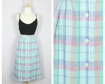 Vintage 1980's Button Front Aqua Blue + Lavender Madras Plaid Midi Skirt S/M