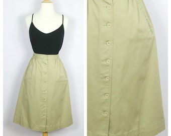 Vintage 1980's Beige Pleated Button Front A Line Midi Skirt S/M