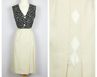 Vintage 1970's Ivory Beige Pleated Diamond Applique Midi Skirt M