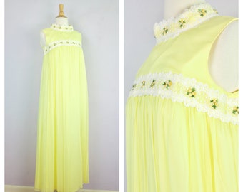 Vintage 1960's/70's Yellow Lace Trim High Neck Empire Waist Sleeveless Maxi Gown Dress S