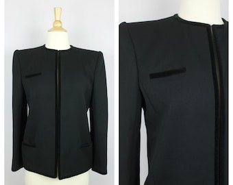 Vintage 1980's Valentino Boutique Black Velvet Trim Structured Open Jacket S