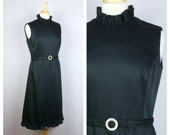 Vintage 1960's Nat Kaplan Black Ruffle Neck Rhinestone Belt Sleeveless Midi Dress M/L