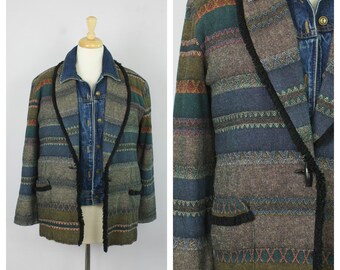Vintage 1990's Blue + Green Geometric Stripe Knit Fringe Trim Blazer Jacket M