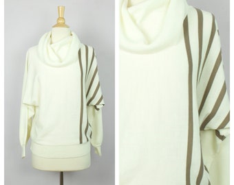 Vintage 1980's Ivory + Beige Stripe Bat Wing Cowl Neck Sweater M