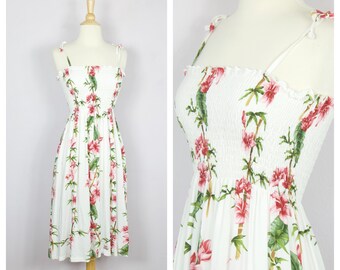 Vintage 1990's White + Pink Floral Lily Smocked Tie Strap Hawaiian Dress Sundress XS/S
