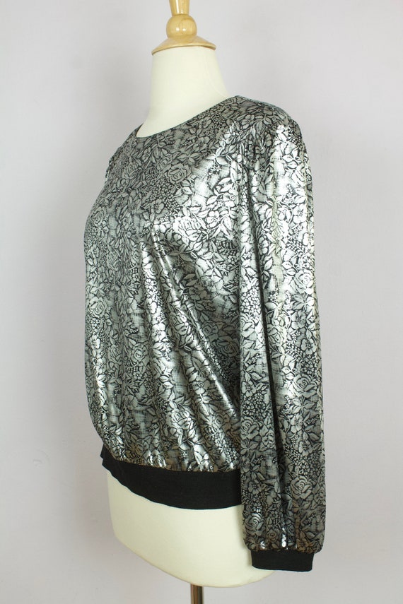 Vintage 1980's Silver + Black Floral Long Sleeve … - image 3