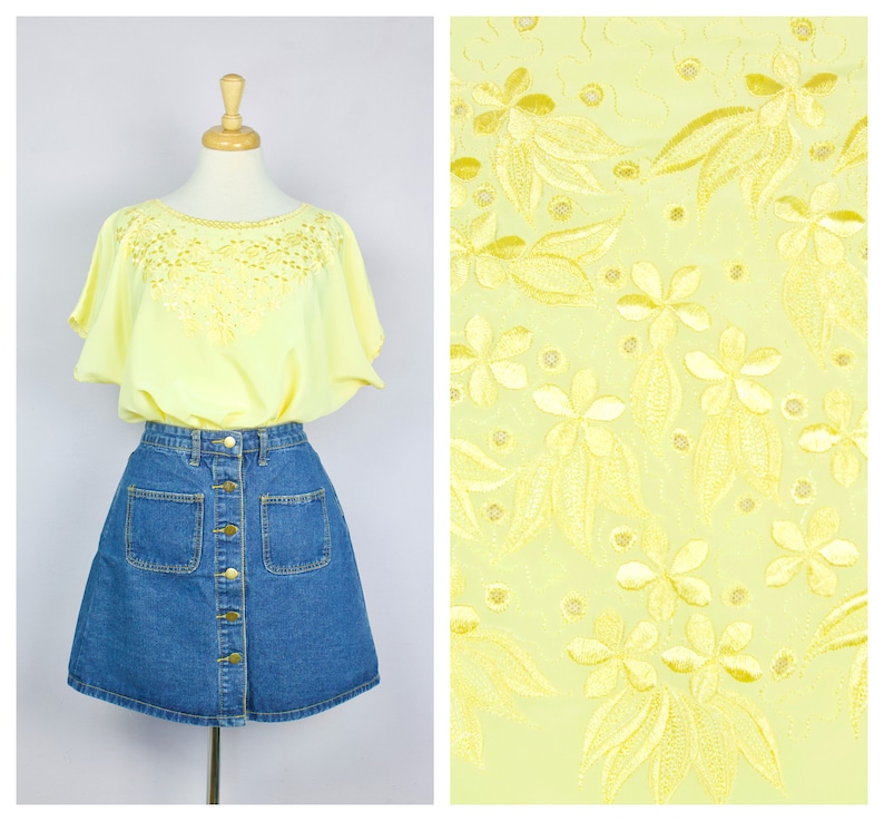 Vintage 1970/'s Silky Yellow Floral Embroidered Short Sleeve Boxy Top XL