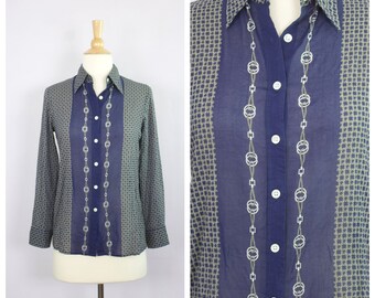 Vintage 1990's Blue + Gray Chain Print Long Sleeve Button Down Shirt S
