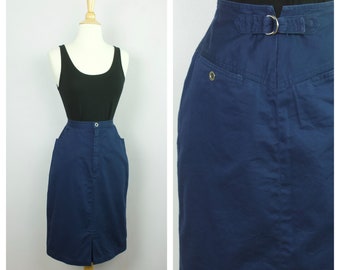 Vintage 1980's Navy Blue Belted Back Midi Pencil Skirt S