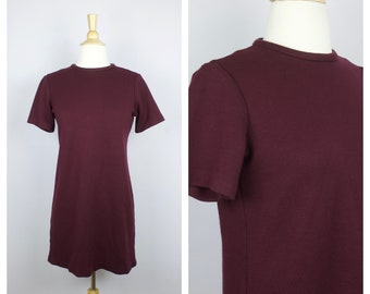 Vintage 1970's Burgundy Knit Short Sleeve T Shirt Mini Dress S