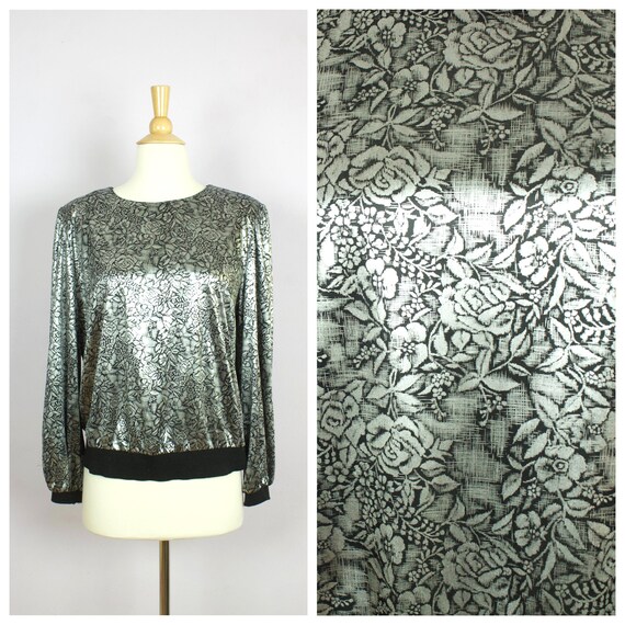 Vintage 1980's Silver + Black Floral Long Sleeve … - image 1