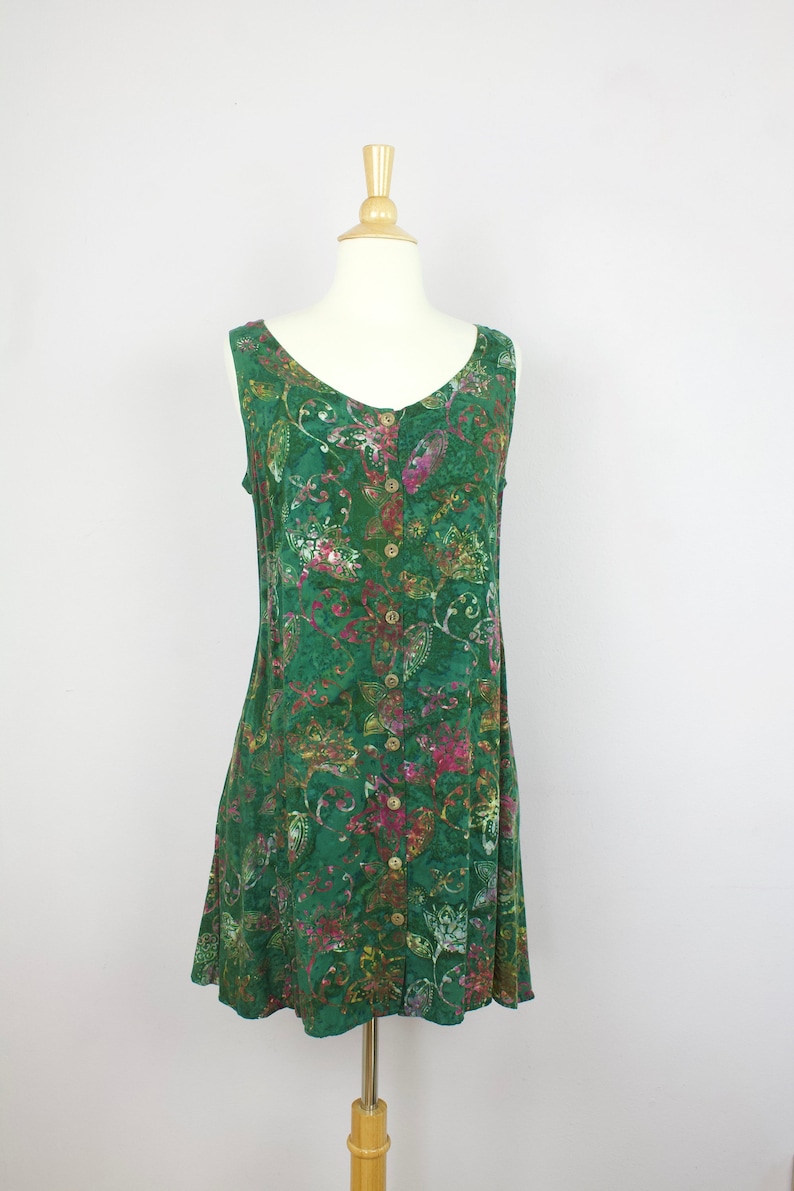 Vintage Green Floral Batik Print Button Up Sleeveless Tie Back Mini Dress S
