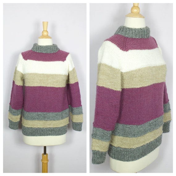 Vintage 1970's Hand Knit Purple + Gray + Beige St… - image 1