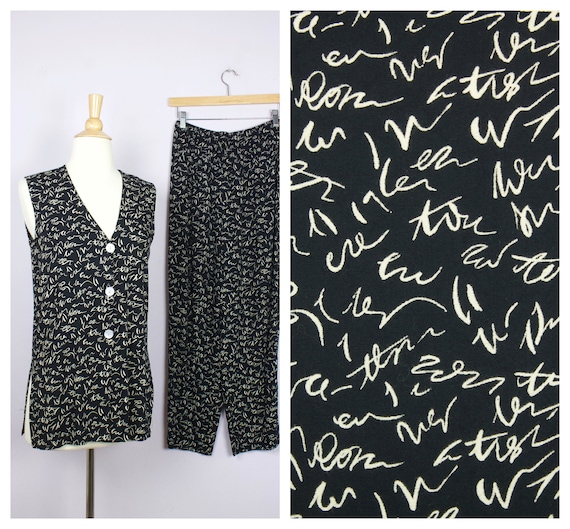 Vintage 1980's Black Scribble Print Matching Slee… - image 1