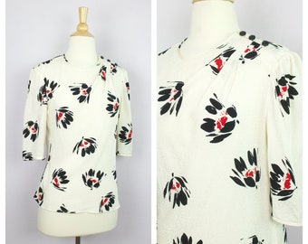 Vintage 1980's Ungaro Ter Ivory Black + Red Floral Print Silk 3/4 Sleeve Blouse S