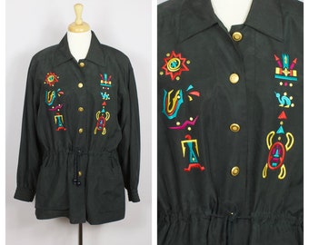 Vintage 1990's Black Silk Geometric Patterned Drawstring Cinched Waist Shirt Jacket S/M