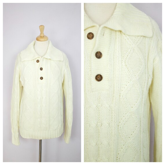 Vintage 1970's Cream Cable Knit Collared Sweater M - image 1