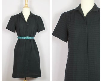 Vintage 1970's Black Short Sleeve Button Up Shirt Dress Mini Dress M