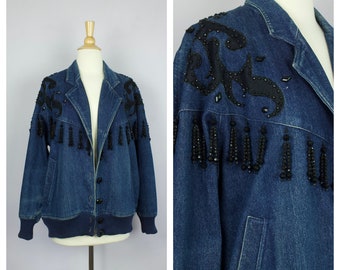 Vintage 1980's Dark Wash Denim Black Bead Embellished Oversize Jean Jacket Coat M/L