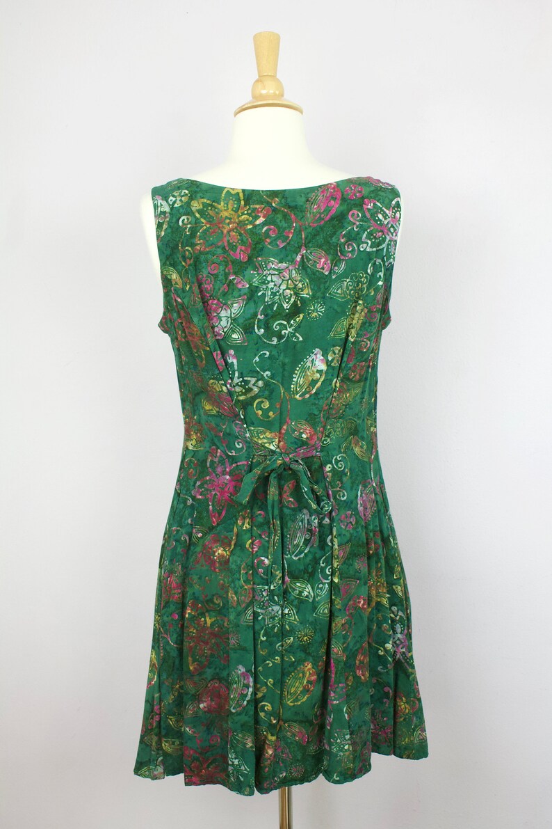 Vintage Green Floral Batik Print Button Up Sleeveless Tie Back Mini Dress S