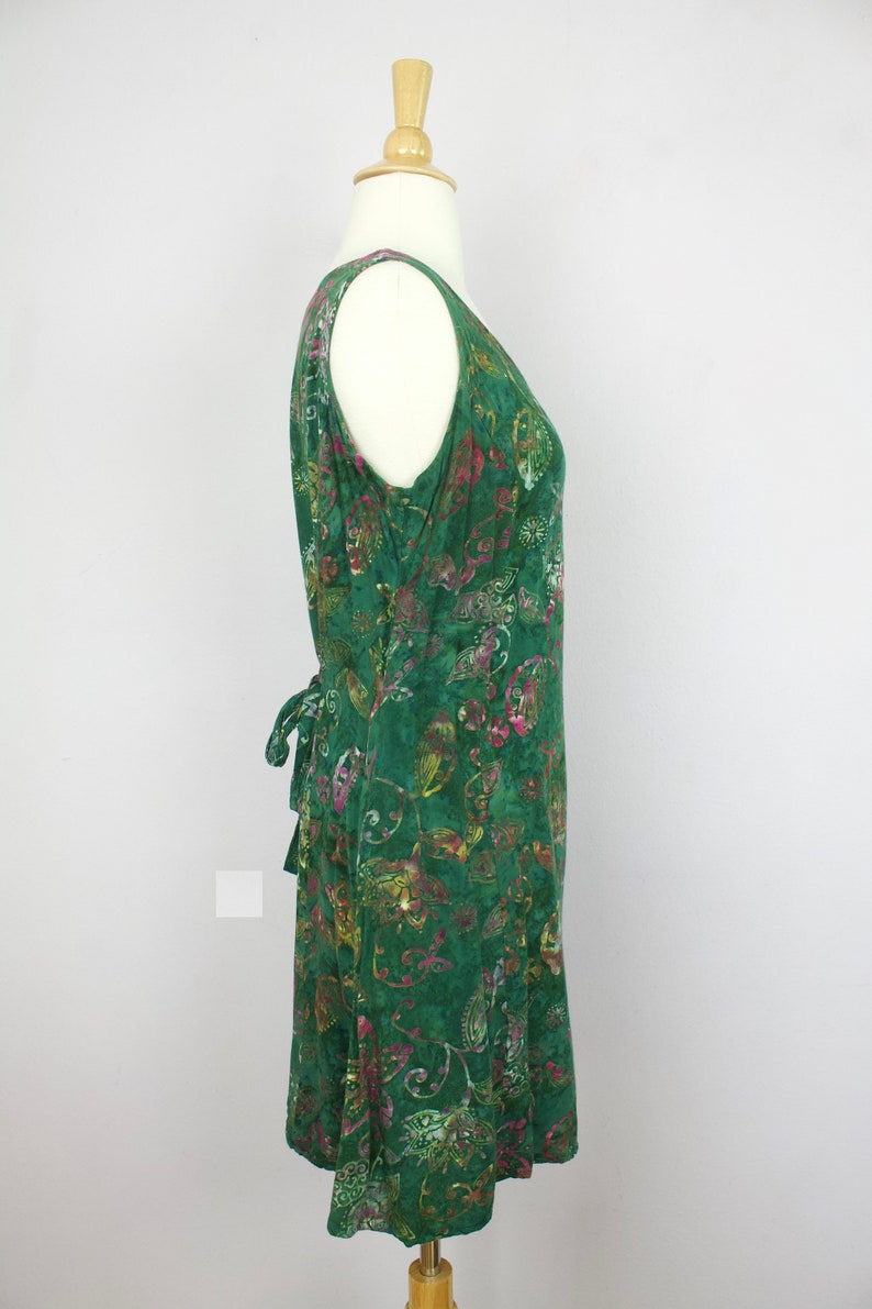 Vintage Green Floral Batik Print Button Up Sleeveless Tie Back Mini Dress S