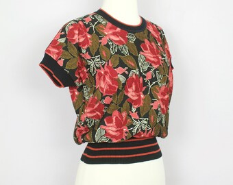 Vintage 1980's Red + Black Floral + Stripe Short Sleeve Top Shirt S