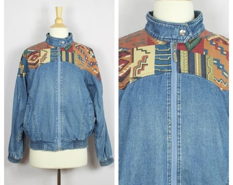 Vintage 1980's Bovattini Stone Wash Denim + Southwestern Print Tab Collar Bomber Jean Jacket S