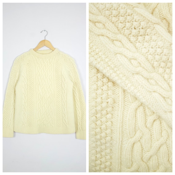 Vintage Hand Knit Ivory Wool Cable Knit Aran Fishe