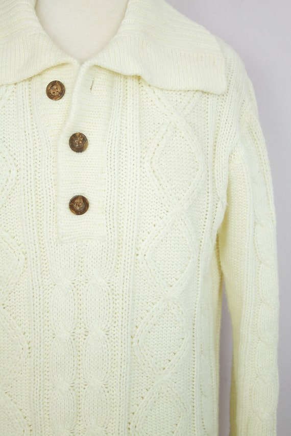 Vintage 1970's Cream Cable Knit Collared Sweater M - image 3