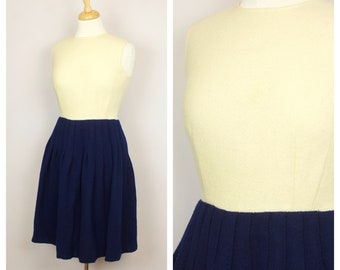 Vintage 1960's Ivory + Navy Blue Knit Sleeveless Mini Dress S/M