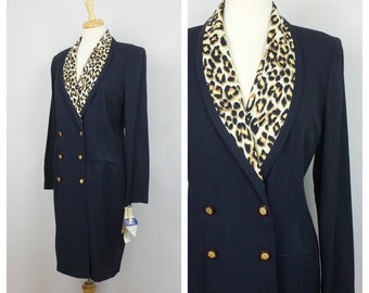 Vintage 1980's Navy Blue Leopard Print Collar Long Sleeve Blazer Dress M