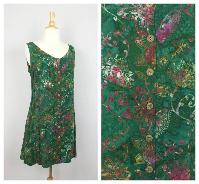 Vintage Green Floral Batik Print Button Up Sleeveless Tie Back Mini Dress S