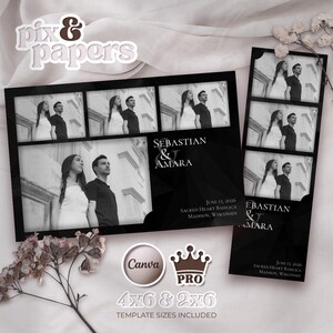 Modello per cabina fotografica · Elegante striscia fotografica nera per matrimoni · Layout fotografico moderno e minimalista per coppie · Modificabile con Canva · Formati 4x6 e 2x6