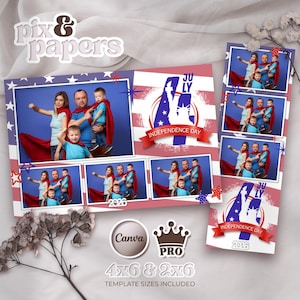 May include: A digital photo booth template for Independence Day featuring a red, white, and blue patriotic theme. The layout includes multiple frames for photos, a graphic of the Statue of Liberty, the text July Independence Day, and 2026.