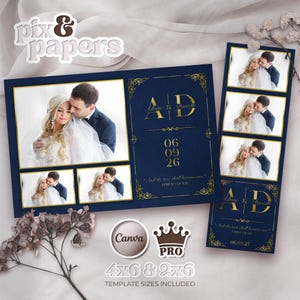 Photo Booth Template · Navy Gold Wedding Theme · Elegant Initials Layout · Canva Editable · 4x6 and 2x6 Formats