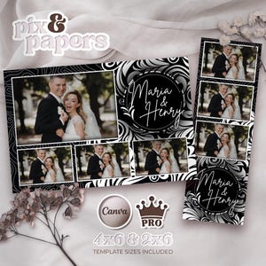 May include: A photo booth template set featuring a black and white swirling pattern, including a horizontal layout and a vertical strip. The designs display the text Maria & Henry within a circular frame, alongside placeholders for wedding photos.