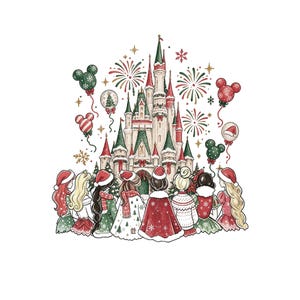 Könnte beinhalten: Eine digitale Illustration mit acht Figuren in Winterkleidung und Weihnachtsmützen, die von hinten vor einem festlich geschmückten Schloss zu sehen sind. Rote und grüne Feuerwerke, Sterne und Luftballons in Mickey-Form umgeben das Schloss.