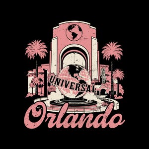 May include: Pink and white graphic featuring the Universal Orlando logo with a globe and the words "Universal" and "Orlando". The design includes palm trees and architectural elements against a black background.
