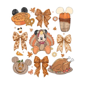 May include: A collection of Thanksgiving-themed graphics featuring a turkey dressed as Mickey Mouse, a pumpkin with Mickey ears, a pie, a roasted turkey on a platter, various patterned bows, pretzels, small cupcakes, and scattered autumn leaves.