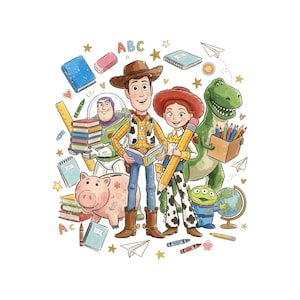 Può includere: Un'illustrazione colorata con Woody, Jessie, Buzz Lightyear, Rex e un alieno circondati da materiale scolastico tra cui libri, un righello, una matita, un mappamondo, un salvadanaio e aeroplanini di carta, con le lettere ABC in alto.