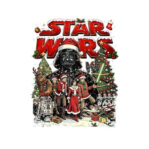 Puede incluir: Una ilustración gráfica que presenta el logotipo de Star Wars en rojo con detalles de nieve. Darth Vader lleva un gorro de Papá Noel, rodeado de Chewbacca, C-3PO, R2-D2, Han Solo, la Princesa Leia y Luke Skywalker con ropa festiva. Hay árboles de Navidad, regalos y soldados de asalto.