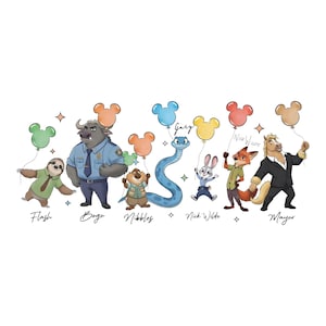 May include: Illustration featuring characters from the film Zootropolis, including Flash, Bogo, Nibbles, Gary, Nick Wilde, and Mayor. Each character holds a Mickey Mouse-shaped balloon. The image is set against a white background.