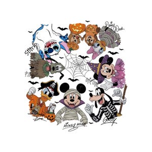 Vintage Disney Mickey And Friend Hallowwen Signature Png, Retro Disney Halloween Trip Png, Halloween Party Outfit, Family Vacation Tee