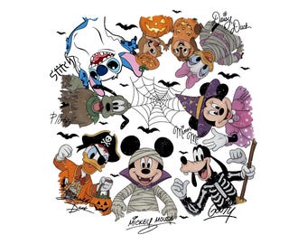 PNG de firma de Halloween de Mickey y sus amigos de Disney vintage, PNG de viaje de Halloween de Disney retro, atuendo para fiesta de Halloween, camiseta de vacaciones familiares