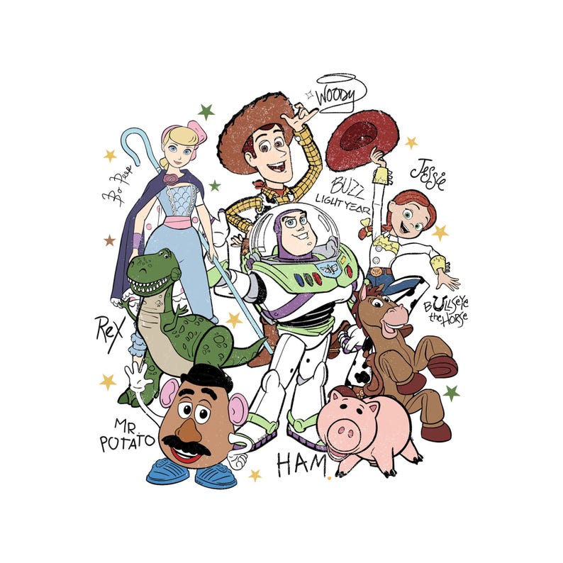 May include: A graphic illustration featuring Toy Story characters Bo Peep, Woody, Buzz Lightyear, Jessie, Rex, Mr. Potato Head, Bullseye, and Hamm. The characters are surrounded by small stars and handwritten names including Bo Peep, Woody, Buzz Lightyear, Jessie, Bullseye the Horse, Rex, Mr. Potato, and Ham.
