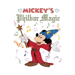 May include: Mickey Mouse in a red robe and blue wizard hat with a yellow crescent moon and stars, holding a star-tipped wand. The image has the text "Mickey's PhilharMagic" with musical notes and stars on a white background.