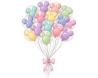 Palloncini Disney Coquette con fiocco e testa di Topolino in acquerello PNG, design di palloncini Disney, coordinati per famiglie a Disneyland, viaggio di vacanza a WDW