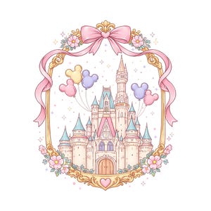 Könnte beinhalten: Eine skurrile Illustration eines Märchenschlosses mit rosa und blauen Türmen, umgeben von einem goldenen Rahmen mit einer rosa Schleife und floralen Akzenten. Mickey Mouse-förmige Ballons schweben über dem Schloss.