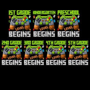 May include: A collection of seven pixel-art style video game controller graphics arranged in two rows. Each controller is paired with text indicating school levels from Preschool to 5th Grade, with the phrase Level Begins below each one.